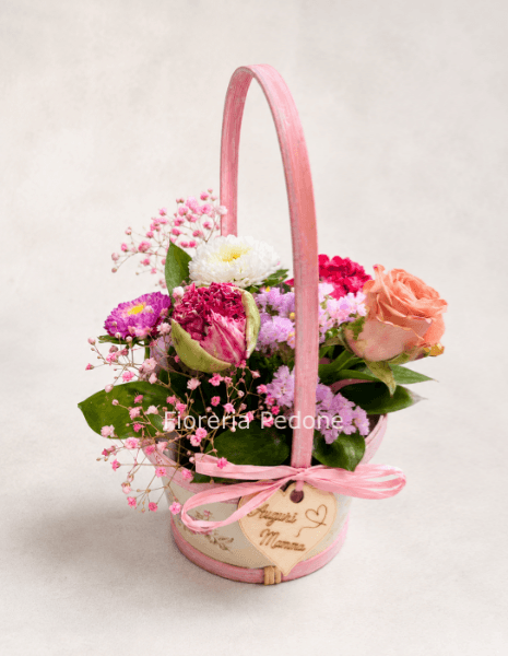 Cestino floreale rosa “Auguri Mamma”